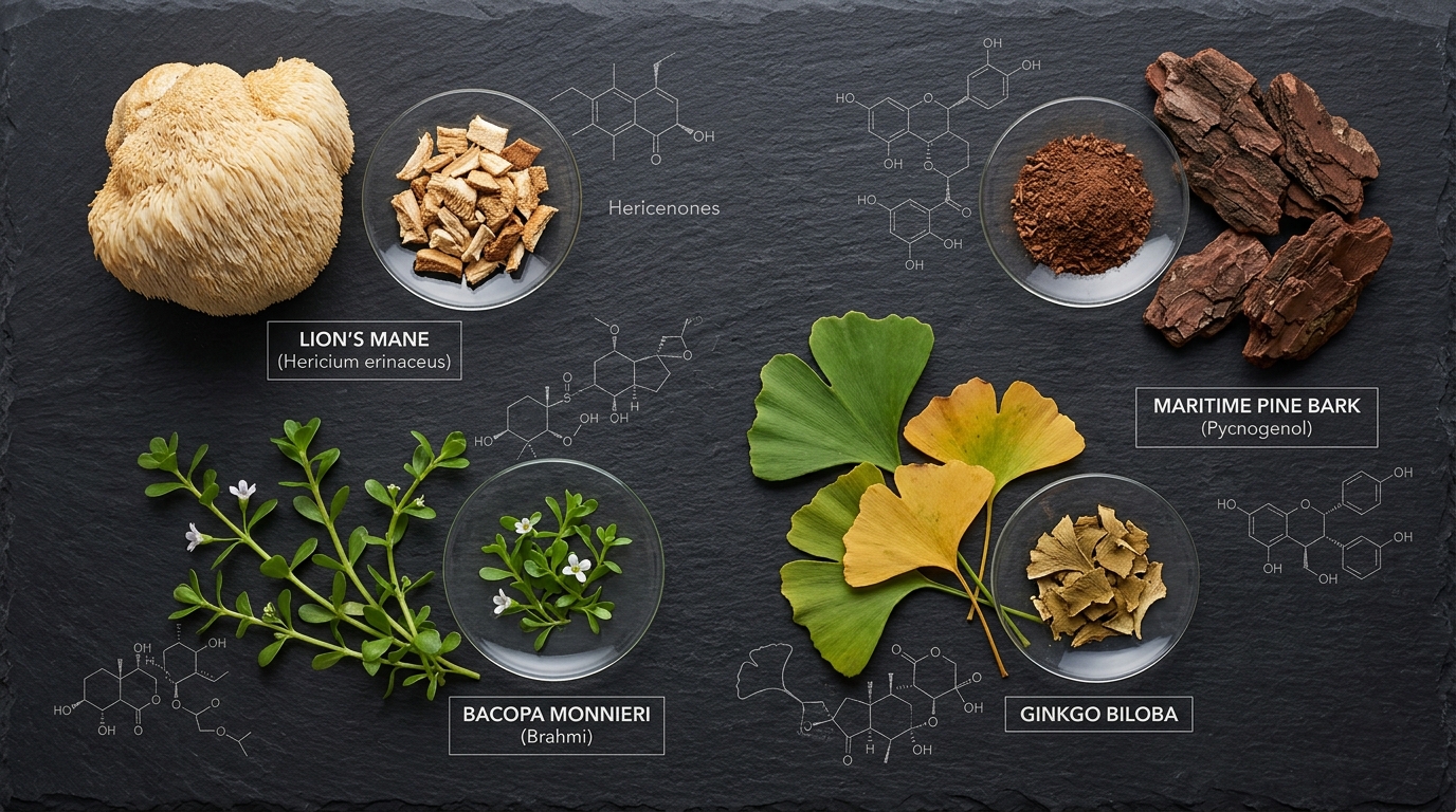 Botanical Flat Lay showing Lion's Mane, Bacopa Monnieri, Ginkgo Biloba, and Maritime Pine Bark with molecular diagrams