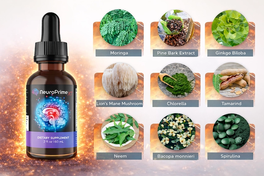NeuroPrime XT 9 All-Natural Botanical Ingredients: Lion's Mane, Ginkgo Biloba, Pine Bark, Bacopa, Tamarind, Moringa, Spirulina, Chlorella, and Neem