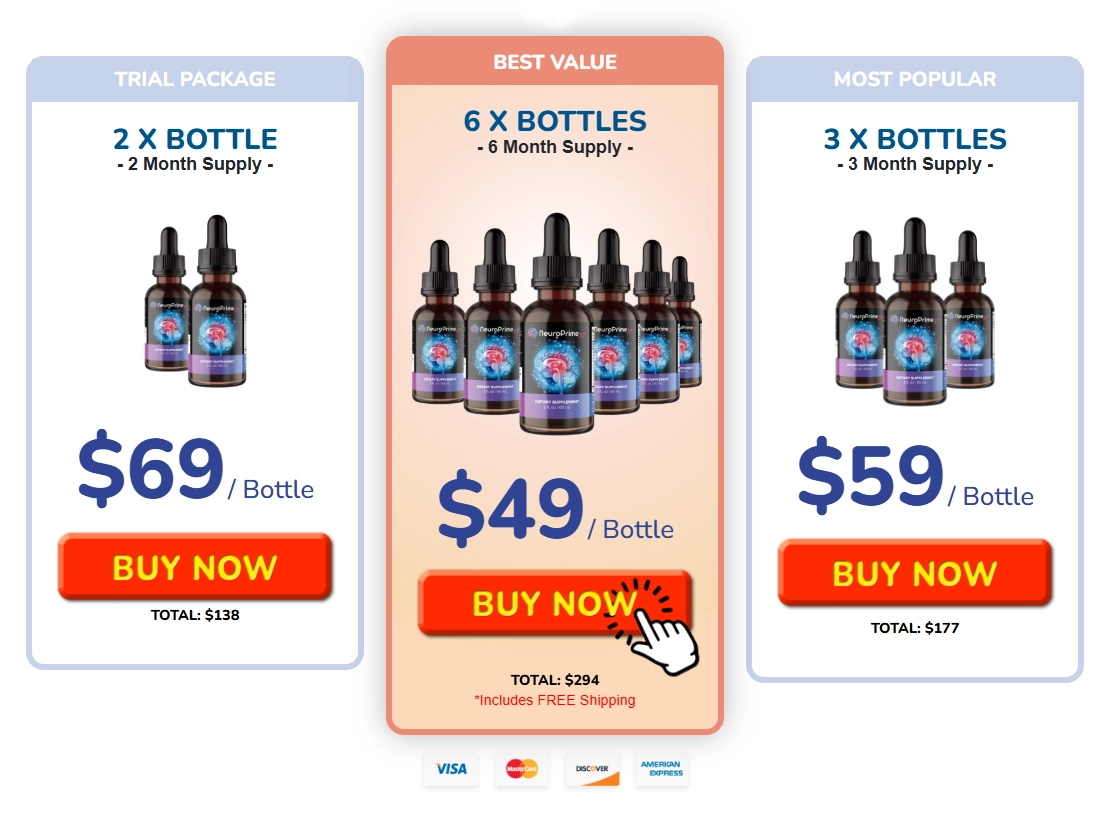 Official NeuroPrime Discount Pricing: 2 Bottles Trial Package ($69/ea), 6 Bottles Best Value ($49/ea with Free US Shipping), 3 Bottles Most Popular ($59/ea)